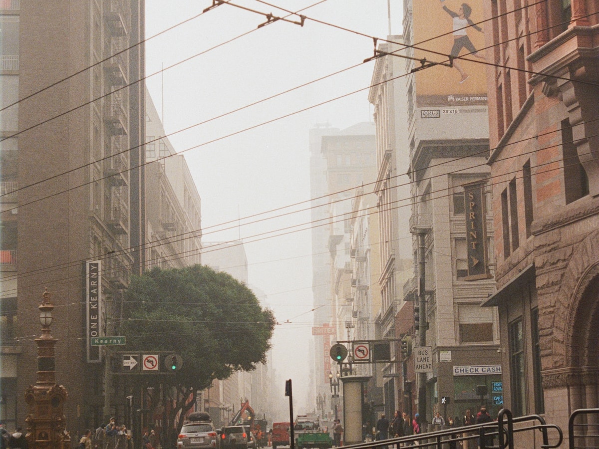 Kearny Street in downtown San Francisco on a foggy morning, near Represent shoot locations